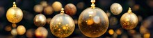 Digital Illustration, Sparkling Golden Festive Background, Bokeh Lights, Vintage Christmas Tree Ornaments, Gold Balls, Stars, Winter Holiday Greeting Card