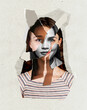 Contemporary art collage. Modern design. Female head made from women's faces of different nationalities and skin color