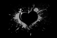 Illustration, Black Heart With Splashes Of Paint On A Black Background