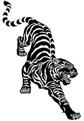 Wall Mural - aggressive tiger climbing down. Silhouette of big cat. Black and white tattoo. Graphic style vector illustration