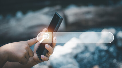 Wall Mural - search engine optimization concept woman's hand using a smartphone to search for information on the Internet online that can find information conveniently, quickly, easy to use in daily life