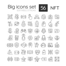 NFT RGB Linear Icons Set. Blockchain Technology. Collectible Virtual Artefacts. Customizable Thin Line Symbols. Isolated Vector Outline Illustrations. Editable Stroke. Quicksand-Light Font Used