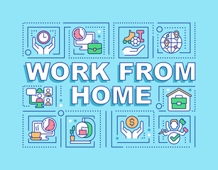 Wall Mural - work from home word concepts turquoise banner. remote workplace pros. infographics with editable ico