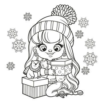 Cute cartoon longhaired girl with gift in hand outlined for coloring page on white background