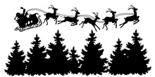 Vector Illustration Of A Santa Claus Reindeer Carriage While Flying Over A Pine Tree. Suitable For Banners, Backgrounds, Stickers At Christmas In December. Christmas Element.
