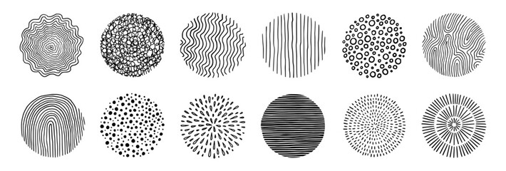 Aufkleber - Abstract line pattern circle set. Hand drawn texture, doodle decorative line, spiral, scribble graphic round element. Circle drawn brush grunge texture. Vector illustration