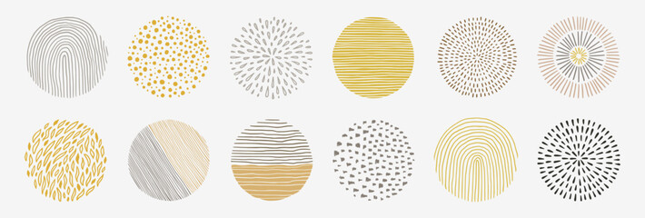 Poster - Scribble texture pattern circle set. Hand drawn line texture, doodle decorative spiral, scribble graphic round element. Circle pen drawn brush grunge texture. Vector illustration