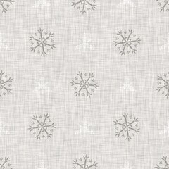 Seamless christmas snowflake woven linen pattern. Two tone seasonal grey farmhouse frost background. Holiday textile for french Xmas snow repeat