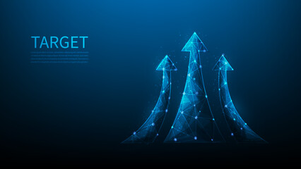 Poster - arrow growth up the target digital technology. Return on investment chart increases. Vision for financial growth stretch. wireframe on blue background. line up to success goal. vector illustration.