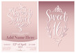 Sweet sixteen invitation template for 16th Birthday party. Modern calligraphy card in blush pink, mauve and white colors. Elegant design with flourishes, hearts and diadem.