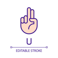 Sticker - Letter U sign in ASL pixel perfect RGB color icon. Words visualization by gestures. Communication. Isolated vector illustration. Simple filled line drawing. Editable stroke. Arial font used