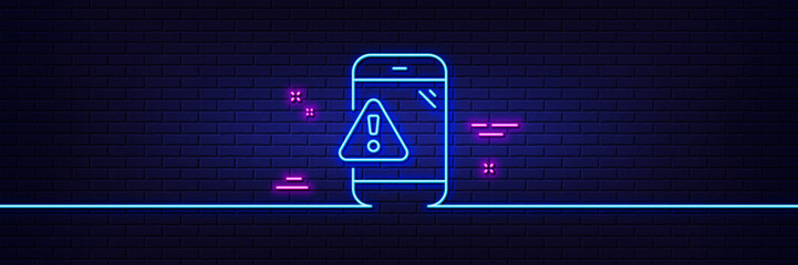 Poster - Neon light glow effect. Warning message line icon. Phone alert sign. Caution app symbol. 3d line neon glow icon. Brick wall banner. Warning message outline. Vector