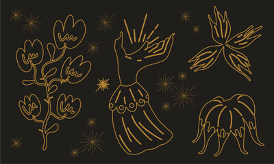 Collection of vector vintage cartoon elements, magic shop for witches concept, wizard symbol set. hand drawn fairy tale elements. Gold line on black background, boho vintage style.