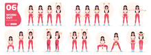 Sport Exercises With Dumbbells Set. Workout And Gym. Body Health, Healthy Lifestyle. Woman Doing Fitness Activities. Flat Style. Modern Design. Cute Pretty Female Character. Vector Illustration Eps10.