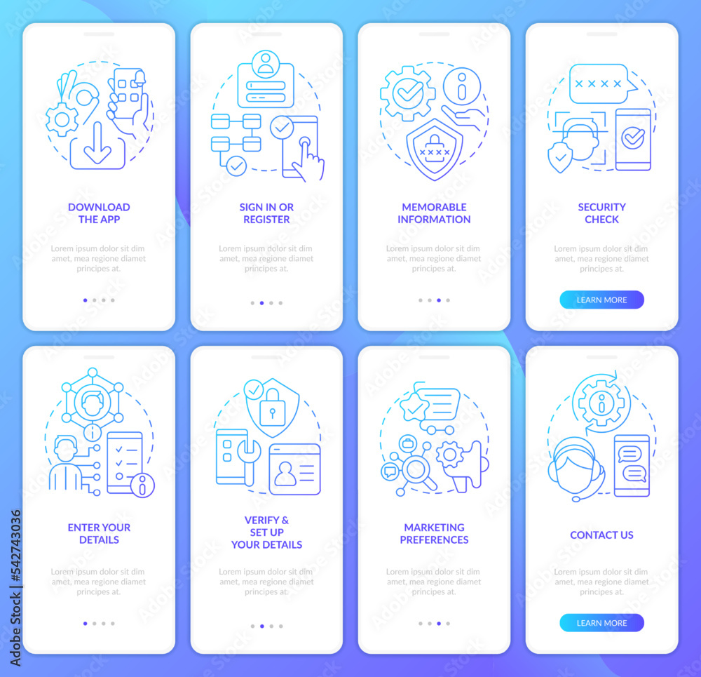 Net banking online blue gradient onboarding mobile app screen set ...