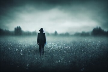 A moody dream like concept of a dark figure standing in a field, back to camera. With an abstract blurred edit.