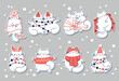 Draw funny stickers with cats for christmas and winter vector illustration character collection funny cats for Christmas and New year. Doodle cartoon style.
