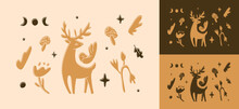 Magic Linocut Wild Deer Clip Art Set. Folk Art Nature Collection. Forest And Garden Elements. Wild Nature Vector Illustration.	