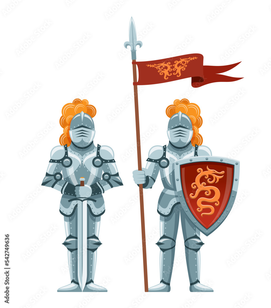 Knight in armor with a sword, shield and spear with a flag. Cartoon knight  armor. Stock Vector | Adobe Stock, image size:880x1000