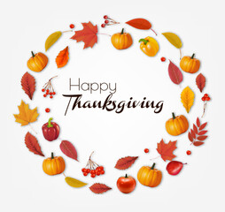 Poster - Happy Thanksgiving Holiday background with autumn vegetables and colorful leaves. Vector.