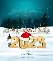 Merry Christmas and Happy New Year background with winter village and golden letters 2023. Vector.