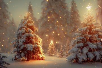 illuminated christmas tree in the snow at night. christmas background with snow in vintage style. ch