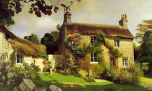 Old English Style Country Cottage With Lush Trees And Country Garden, Beautiful Day Time Landscape. Illustration Background. Digital Matte Painting