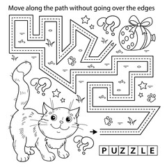 Sticker - Handwriting practice sheet. Simple educational game or maze. Coloring Page Outline Of cartoon cat with sausage. Coloring book for kids.