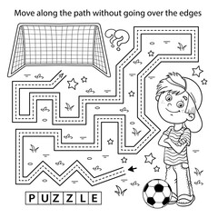 Sticker - Handwriting practice sheet. Simple educational game or maze. Coloring Page Outline Of cartoon boy with soccer ball. Football. Sport activity. Coloring book for kids.