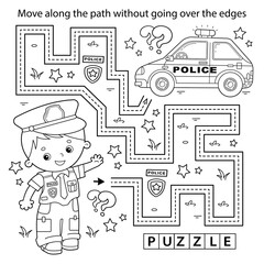 Wall Mural - Handwriting practice sheet. Simple educational game or maze. Coloring Page Outline Of cartoon policeman with car. Profession - police. Coloring book for kids.