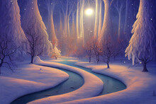 Winter Landscape With Forest And River, Magical Fantasy, Winter Background, Digital Art, Illustration 
