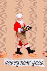 Sticker - Invitation brochure collage of santa claus walk bake homemade tasty yummy cookies on tray happy new year concept