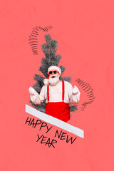 Wall Mural - Poster invitation collage of funky father christmas choose pine tree for eve new year event on red pink color background