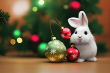 Colorful Shot Of Christmas Decorations Ornaments Toy Rabbit Blurred Background Of Christmas Tree