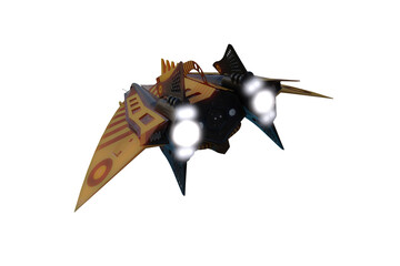 Wall Mural - 3D rendering of a futuristic space ship flying away isolated on transparent background.