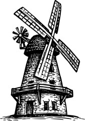 Wall Mural - Old windmill ink sketch.