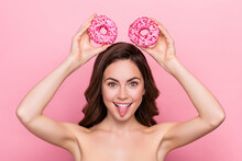 Photo Of Funky Childish Young Nude Lady Wear Nothing Mickey Mouse Donuts Showing Tongue Isolated Pink Color Background
