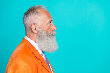 Sticker - Profile photo of concentrated aged person look empty space blank isolated on cyan color background