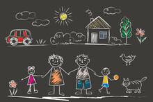Family - Little Girl And Boy Holding Hands With Mother And Father, Cat, Car, Bird, House, Sun, Clouds, Flowers, Summer Day. Doodles  Child's Hand With Chalk On Asphalt Or On A School Board.