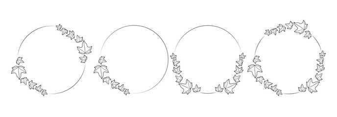 Wall Mural - Set of doodle floral, line and leaf circle frames. Ivy leaves ink style. 