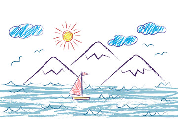 Wall Mural - Sea, Mountains, Sailboat, Sun, clouds, seagulls - scribbles drawn by a child's hand with colored pencils. Seascape illustration isolated on white background