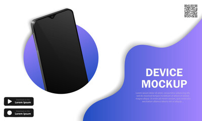 Advertising banner with realistic smartphones, text, QR code and download buttons. Vector background with 3d modern phones and purple decoration. Mobile app advertisement, device presentation