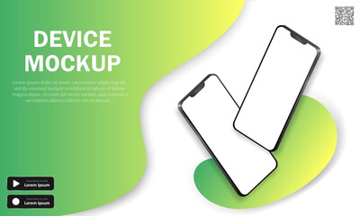 Advertising banner with realistic smartphones, text, QR code and download buttons. Vector background with 3d modern phones and green decoration. Mobile app, website advertisement, device presentation