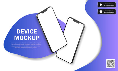 Advertising banner with realistic smartphones, text, QR code and download buttons. Vector background with 3d modern phones and purple decoration. Mobile app, website advertisement, device presentation