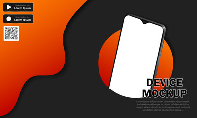 Advertising banner with realistic smartphone, text, QR code and download buttons. Dark vector background with 3d modern phones and orange decoration. Application advertisement, device presentation