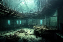 Remains Of Sunken Ship Wreck At The Bottom Of The Ocean. Interior Of A Decaying Wreckage At The Bottom Of The Ocean. Marine Illustration Featuring Underwater Forgotten Ship Remains, Rusty And Damaged