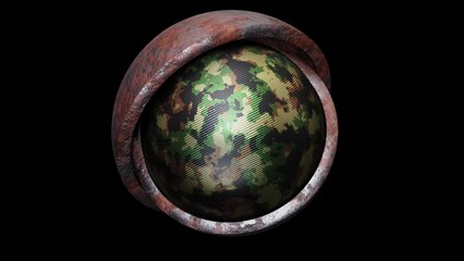 Wall Mural - Realistic looping 3D animation of the spinning khaki camouflage carbon fiber sphere inside of two weathered corroded rusty metal hemispheres rendered in UHD with alpha matte