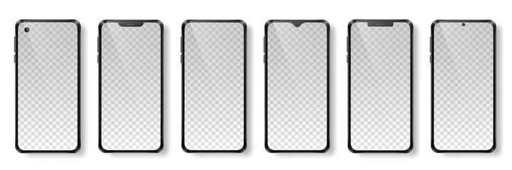 Mockup  of six smartphones with transparent screen and different cameras. Front side of black phones isolated on white background. Realistic template of modern devices for advertisement, banners
