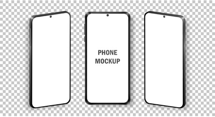 Mockup of realistic mobile phones in front and isometric view. Collection of phones with black frame and white blank screen isolated on transparent background. Modern device template for advertisement