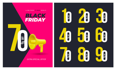 Poster - Set of Black Friday Sale posters or flyers design with balloons and confetti. Place for text. Black Friday numbers for branding, web banner, card, flyer. Vector design with typography.